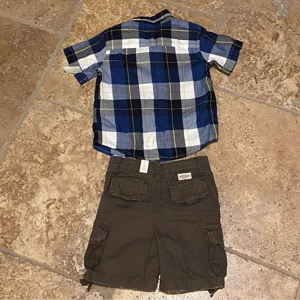 NWT~OLD NAVY CHILDREN’S PLACE Boys Blue Plaid Top & Brown Cargo Shorts -2 Yrs
